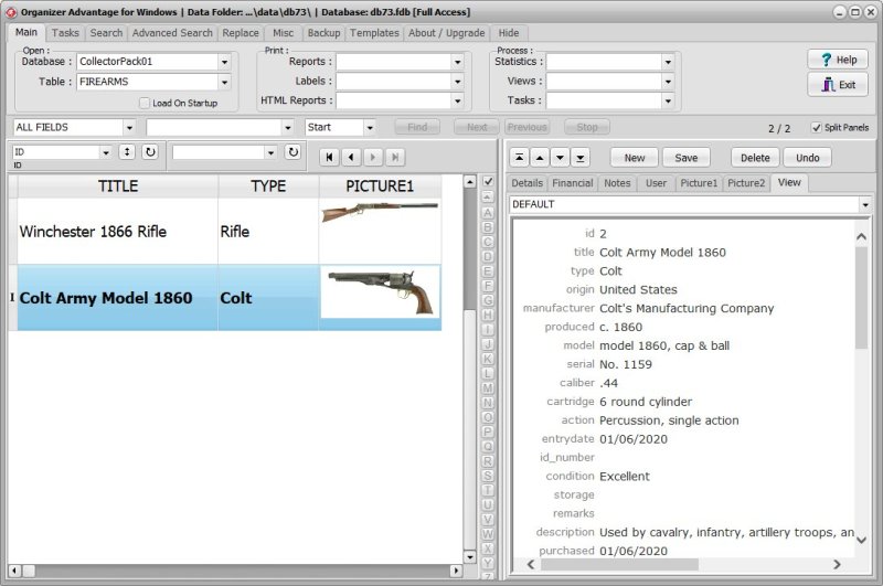 Firearms Cataloging Software for Windows PCs view